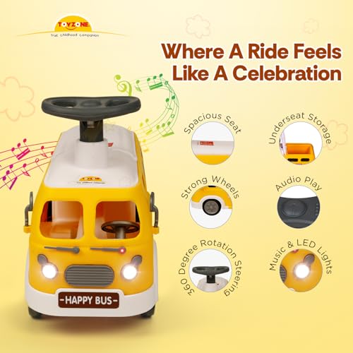 Image of Toyzone Happy Bus - Yellow | Toddler Ride-on | Lights & Music | Ride-on with Easy Storage | Grip Wheels | Make in India | Indoor & Outdoor | for Kids 2+ Years