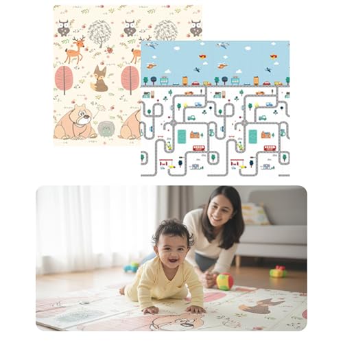 Image of Kids Station Double-Sided Waterproof Baby Playmat - Foldable, Portable & Reversible Foam Mat for Infants, Toddlers & Kids - Soft, Non-Slip, Easy-to-Clean Baby Crawling Mat for Indoor /Outdoor Use (200x150x0.6cm, City & Jungle Print)