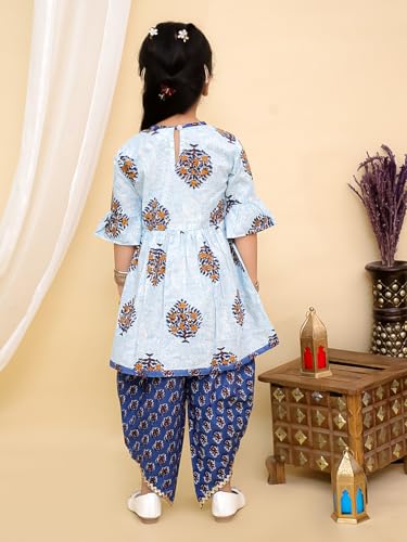 Image of superminis Cotton Blend Baby Girl's Jaipuri Print Frock Style Kurti With Frill Sleeves And Dhoti Style Salwar With Elastic Closure Ethnic Dress Clothing Set