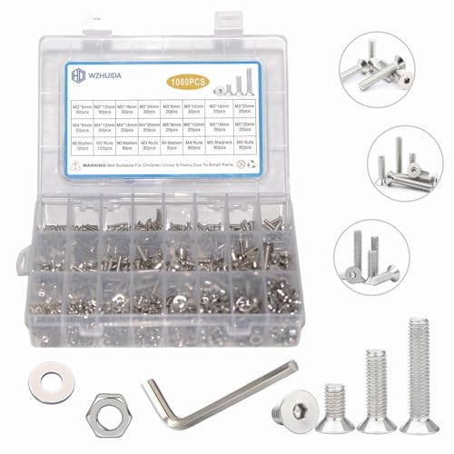 WZHUIDA 1080 Stück M2 M3 M4 M5 Schrauben Muttern und Unterlegscheiben Sortiment Set, Edelstahl Senkkopfschrauben mit Innensechskant Schrauben Muttern Set mit 4 Schraubenschlüsseln