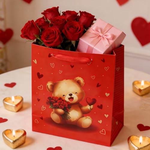 Valentines Day Red Paper Gift Bag, Special Love Gift Bag with Adorable Teddy Bear, Heart Gifts Bags For Loved Ones, 25 x 21 x 10cm - Image 2