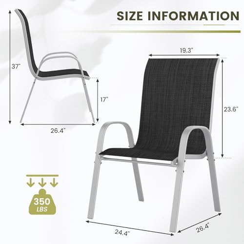 Image of UDPATIO Patio Chairs Set of 6, Stackable Silver Outdoor Dining Chairs with High Back, Breathable Textilene Fabric Outdoor Chair All Weather, 350LBS Capacity for Garden, Backyard (Black)
