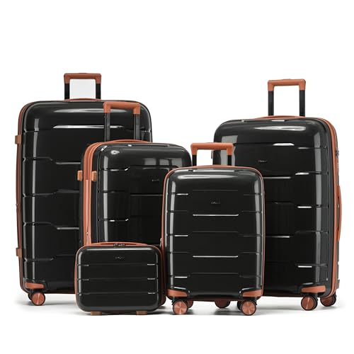 CRUW 5-Piece Luggage Set Expandable Polypropylene Suitcase Set TSA Locks 8 Silent Spinner Wheels Lightweight Nested Suitcases Travel Set easyJet British Airways Jet2 Approved Carry-On Black/Tan
