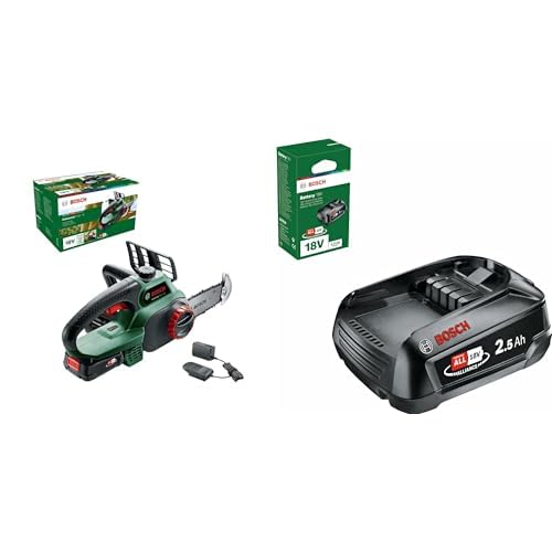 Bosch Akku Kettensäge Universalchain 18 (1 Akku, 18 Volt System, im Karton) & 18 Volt Ersatz Akku (2,5 Ah, kompatibel mit allen Geräten des grünen Bosch Home & Garden 18 Volt Systems)