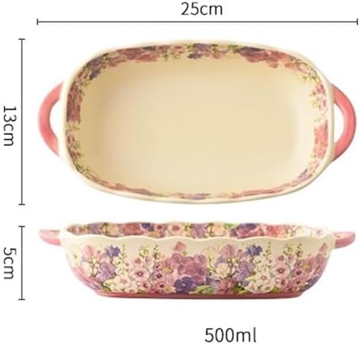 Casserole Dish Rectangular Double-ear Baked Rice Baking Tray Ceramic Cheese Household Microwave Oven,500ML Kitchen