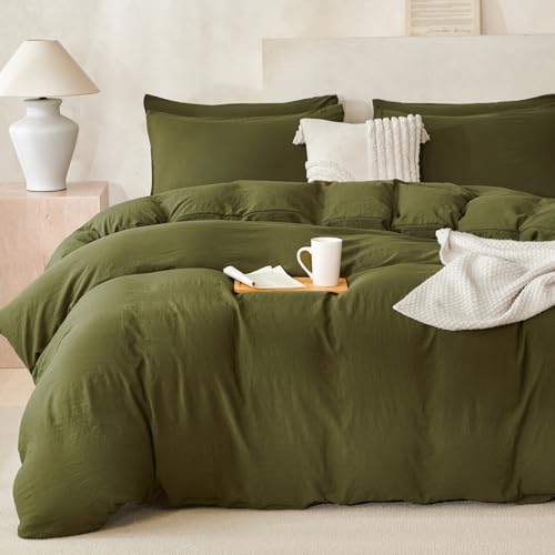 BUPIRD Green Duvet Cover King 100% Washed Microfiber 3 Pieces Solid Color Casual Deark Green Bedding Set King Duvet Cover Army Green with Zipper Closure Luxury Soft