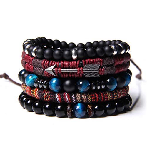 WAINIS Braided Leather Bracelets for Men Women Wrap Tiger Eye Lava Rock Beads Bracelet Woven Ethnic Tribal Rope Wristbands Bracelets Set Adjustable C