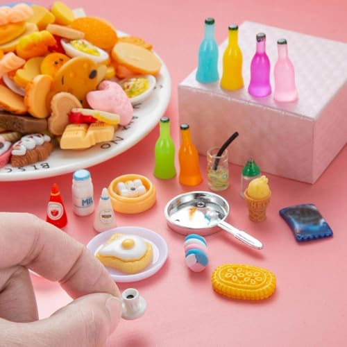 Diinokiy 200Pcs Dollhouse Miniature Food Drinks Bottle Cooking Toys Kitchen Accessories Mini Play Fake Resin Pretend Game Party Tableware Bread Cake Ice Cream 1/12 Doll House Landscape