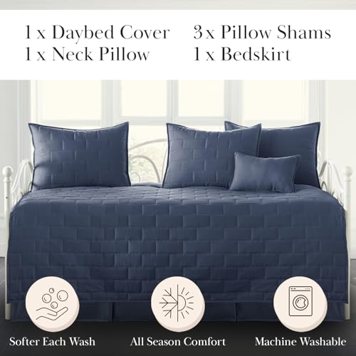 Image of Southshore Fine Living, Inc. Twin Daybed Comforter Set, 6-Piece Twin Bedding Set with Daybed Cover, 3 Pillow Shams, Bed Skirt, Throw Pillow - Day Bed Quilt Set, Brickyard Dark Blue
