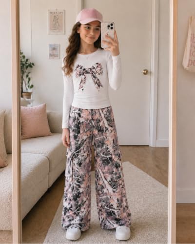 Image of Tween Girls Clothes 2 Piece Outfit Long Sleeve Top + Cargo Pants Fall Winter Clothing Set, Sizes 7-15 Years
