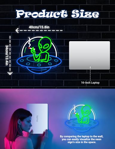 Image of Alien Neon Signs for Wall Decor, UFO Neon LED Signs Light for Man Cave, USB Dimmable Alien LED Light for Bar Party Birthday Christmas Gift (UFO Alien)