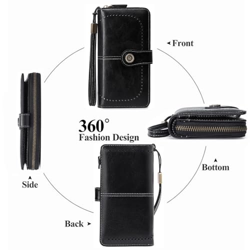 Image of Women Leather Wallet Crossbody Shoulder Bag with Double Zipper and Mobile Phone Purse with Shoulder Strap