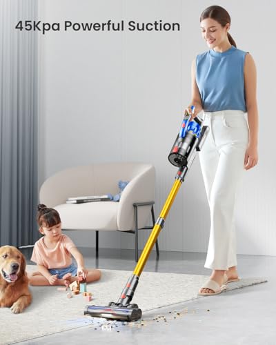 Cordless Vacuum Cleaner, 45Kpa 550W Vacuum Cleaners for Home, Max 60Mins Cordless Stick Vacuum with LED Screen, Dual Handle Anti-Tangle Rechargeable Cordless Vacuum for Hard Floors/Pet Hair/Carpet