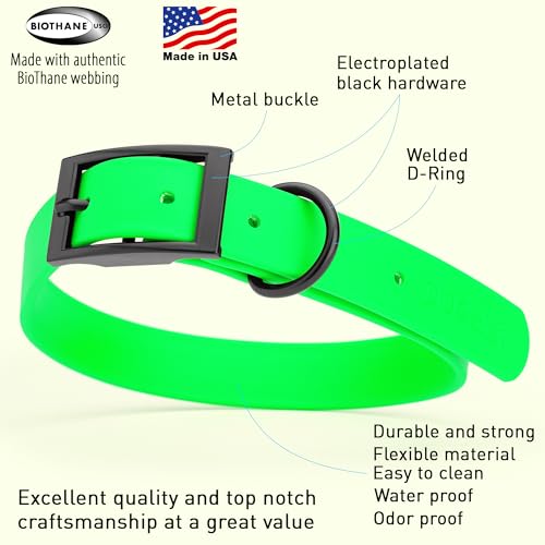 Image of Dogline Biothane Waterproof Dog Collar Strong Coated Nylon Webbing with Black Hardware Odor- Proof for Easy Care Easy to Clean High Performance Fits Small Medium or Large Dogs, Tropical Green