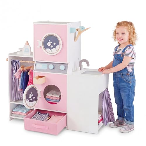 HONEY JOY Kids Washer and Dryer Playset Wooden Pretend Play Stacked Laundry Play Set Clothing Iron Detergent Bottle Hangers Storage Closet & Drawer Realistic Laundry Room for Boys Girls (Pink)