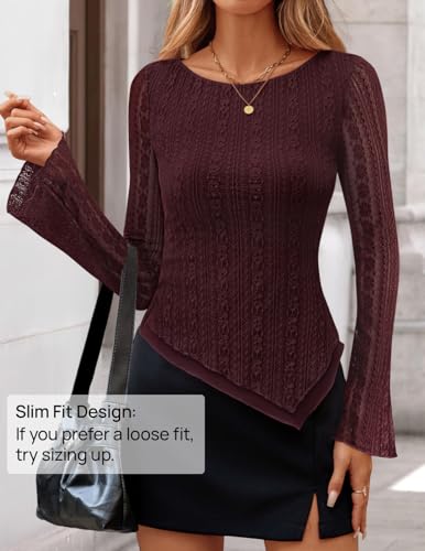 ZESICA Womens Lace Mesh Long Sleeve Shirts Fall Double Lined Boat Neck Slim Fit Asymmetrical Going Out Tops Date Night Outfit2