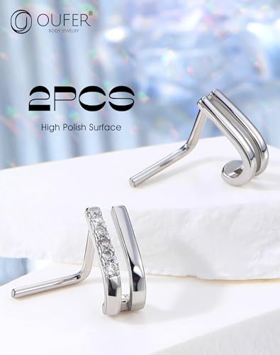 OUFER 2PCS 20G Nose Studs for Women and Men, L-Shaped Stainless Steel Nose Rings with Clear CZ, Double Rows or Cross Design, Nostril Piercing Jewelry2