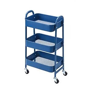 ISUDJUNT Metal Storage Trolley – 3-Tier Rolling Cart with Lockable Wheels – Multi-Purpose Cart with Handle – Mobile Shelving Organizer for Bathroom, Office, Kitchen, Bedroom, Garage Navy Blue