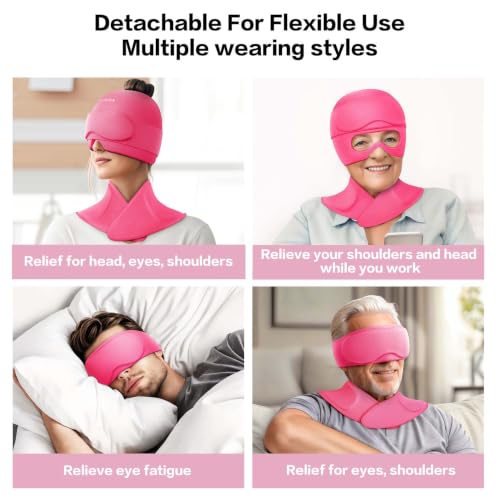 Image of 3 in 1 Migraine Relief Cap Neck Ice Pack Wrap Gel and Ice Eye Masks, Detachable Ice Caps with Eyes Masks, Hot and Cold Therapy for Relief of Headaches, Stiff Neck and Eye Fatigue (Rose red)