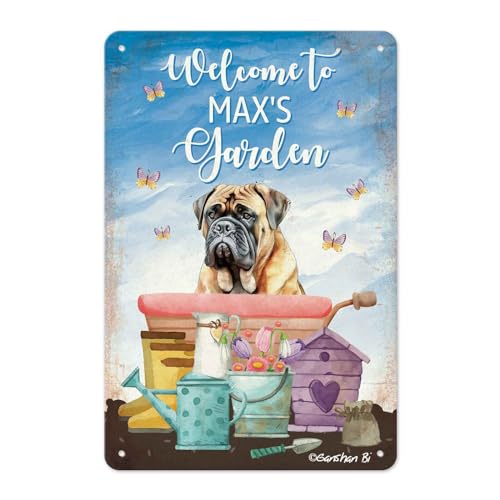 Ganshan Bi Spring Summer Bull mastiff Metal Sign Welcome to Dog Garden Butterflies Tin Sign Outdoor Home Farmhouse Decor Custom Dog Father Mom Gift 12X8 Inch