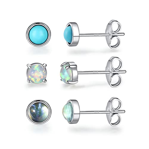 3mm/4mm/6mm Hypoallergenic 925 Sterling Silver Post Stud Earrings for Womens Teens Girls Second Hole Earrings for Women Opal Turquoise Moonstone Stud Earrings Jewelry Earrings for Sensitive Ears
