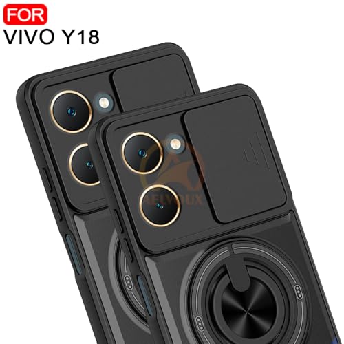 Image of Vivo Y18 /Y18E /T3 Lite Back Cover | Armor Camera Slider 360 Degree Rotating Finger Ring Holder Case with Bracket Stand Back Case Cover (Compatible with MagSafe Accessories) (Black)