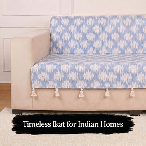 Image of STITCHNEST 'Verdant Ikat Stories' 2 Seater Sofa Cover - Full Coverage| Elegant Jacquard Fabric, Decorative Tassels, Washable & Durable for Modern Living