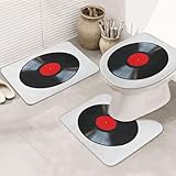  ERICAT Salle de Bains 3Pcs Bath Mat Antidérapant et Absorbant,Disque Vinyle Objet Rouge Plaque Album Musique Ancienne Blanche,Bathroom Set Non-Slip Toilet Lid Cover and Bath Mat