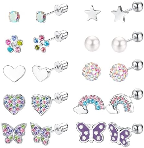 JeryWe 10 Pairs Studs Earrings for Girls Women CZ 316L Surgical Steel Heart Flower Butterfly Pearl Hypoallergenic Pink Multicolored Screw Back Stud Earrings Set
