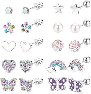 JeryWe 10 Pairs Studs Earrings for Girls Women CZ 316L Surgical Steel Heart Flower Butterfly Pearl Hypoallergenic Pink Multicolored Screw Back Stud Earrings Set
