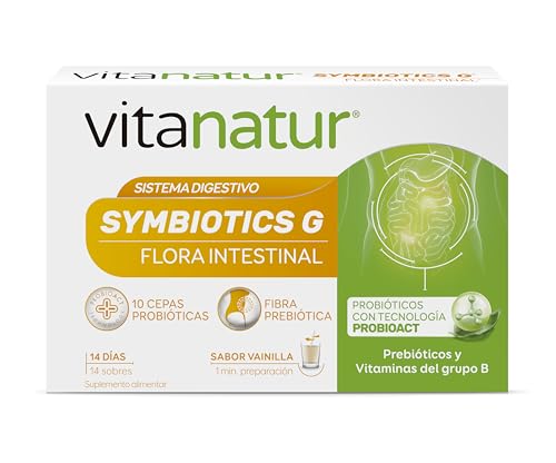 Vitanatur - Symbiotics G (1), Complemento Alimenticio con 10 Cepas Probióticas, Prebióticos y Vitamina B, Ingredientes que ayudan con el Equilibrio de la Microbiota Intestinal (1) - 14 Sobres x 2,5 g