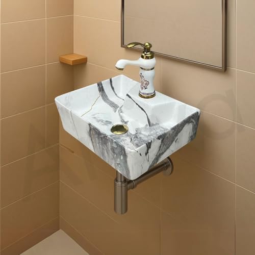 Image of Artiva Designer Ceramic Table Top Wash Basin For Bathroom /Wall Mounted Bathroom Sink /Wall Hung Washbasin /Wash Basin For Cabinet, Countertop, Vanity (Thunder White 16 x 12 x 5 Inch)