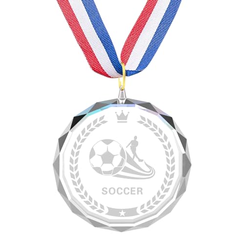 12 Pieces Crystal Award Medals Football Baseball Soccer Basketball Winner Medals, Crystal Medals with Neck Ribbons, Winner Gift Prize Award Medals for Kids Tournaments Match Sports Competition Teams