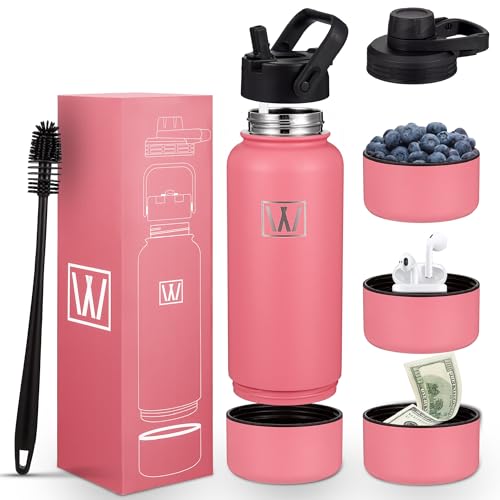 Insulated Sports Water Bottle - WONGLE 32 oz Water Bottle with Hidden Storage Compartment, 2 lids, Straw, Hot & Cold Double-Walled Vacuum Insulated Stainless Steel Gym & Thermos Bottle (Rose)