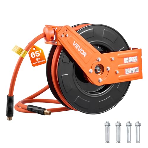 VEVOR Retractable Air Hose Reel 1/2 Inch x 65 FT Rubber Air Hose Max 300PSI Auto Rewind Air-Compressor Hoses Reel with 5 ft Lead in Ceiling/Wall Mount for Garage Workshops