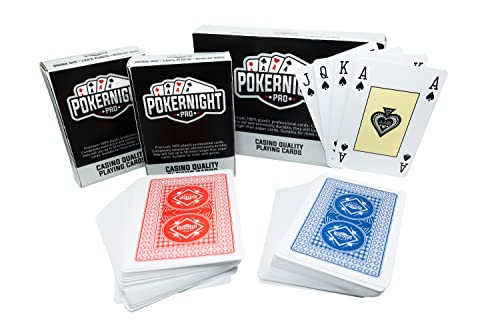 Poker Night Pro 2 Barajas Profesionales de Cartas - 100% Plástico y Resistentes al Agua (1 x Roja / 1 x Azul) | 55 Cartas por Baraja (3 Comodines) | Índice Regular