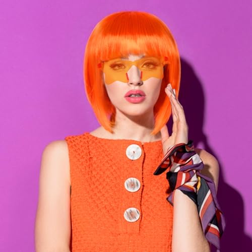 Image of ANOGOL Orange Bob Wig with Bangs Orange Wigs for Women Colored Wigs Party | Hair Cap+Sunglasses Short Neon Wig for Bachelorette Party Funny Outfit for Women Halloween Costume Night Club Crazy Hair Day