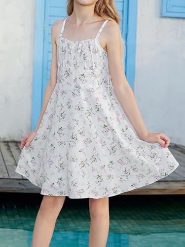 Girl's Floral Print Summer Dress Bowknot Ruched Bust A Line Cami Dress High Waist Ruffle Hem Cute Sun Dresses4