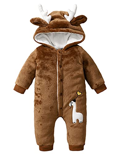 Danna Belle Unisex Baby Fleece Hooded Jumpsuit Romper with Christmas Antlers 6-9 Months Brown