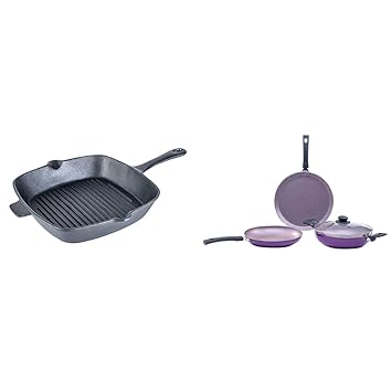 Wonderchef Forza Cast-Iron 26 cm Grill Pan, Pre-Seasoned Cookware, Induction Friendly, 3.8 mm & Wonderchef Valencia Non-Stick Cookware 4 Piece Set | Purple