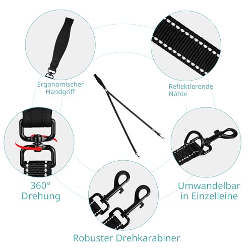 PetBonus No Pull Anti-Zieh Hundeleine, Keine Verwicklung Doppelleine für Anti-Zug Geschirr, Reflektierend Hundeleine zum Trainieren und Gassi gehen für große mittlere Hunde (Schwarz)