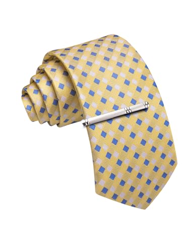 Image of Barry.Wang Plaid Ties Mens Silk Necktie and Tie Clip Checkered Tie for Wedding Party Business Formal