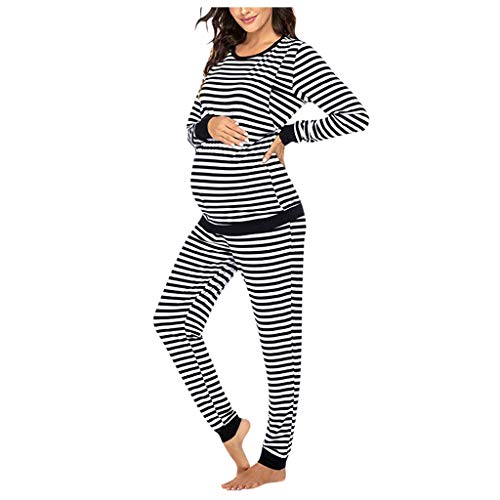 Ensemble t-shirt d'allaitement manches pyjamas de grossesse hauts + pantalon de costume rayé pour femme Ensemble de maternité & costume peignoir femme princesse, Noir , M