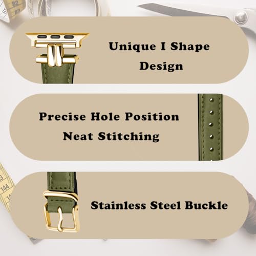 Hstrap Compatible for Apple Watch Series 9 42mm 44mm 45mm 49mm I-Shape Green Leather Apple Watch Band Women Gold Metal Buckle for iWatch Ultra2/Ultra SE Series 8 7 6 5 4 3 2 1