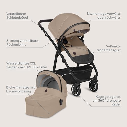 LIONELO BIANKA Kinderwagen 3 in 1 bis 22 kg Babywanne Autositz Zusammenlegbar, Reise-System, Einstellung der Rückenlehne, Räder 360o Stoßdämpfer, Verdeck XXL