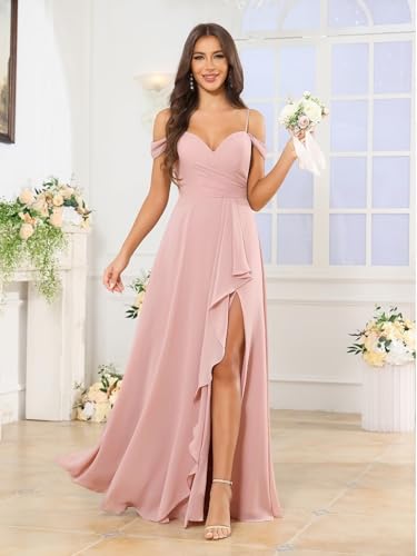 Chiffon Off The Shoulder Bridesmaid Dresses for Women V Neck Ruched Ruffles Formal Evening Gown with Slit2