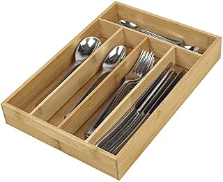 URBNLIVING Wooden Bamboo Expandable Cutlery Tray, Kitchen Drawer Insert Box Storage Organiser, 5/7 Compartments (5 Compartments (Non Extending))