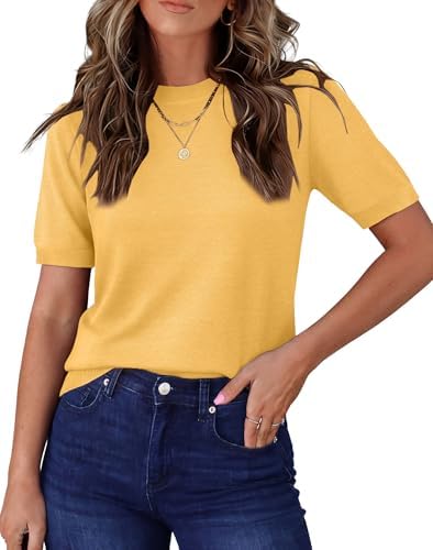 RUMIA Pullover Sweaters for Women Short Sleeve Lightweight Dressy Casual Womens Tops — Yellow