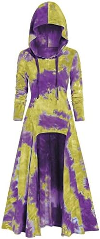 Women Medieval Hooded Vintage Cloak Tie Dyed Asymmetric Fleece Button Starry Galaxy Print Halloween Xmas Dresses