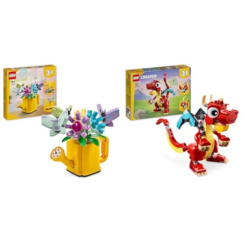 LEGO Creator 3in1 Gießkanne mit Blumen Set, Kinderzimmer-Deko & Creator 3in1 Roter Drache, Spielzeug mit 3 Tierfiguren inkl. Roter Drache